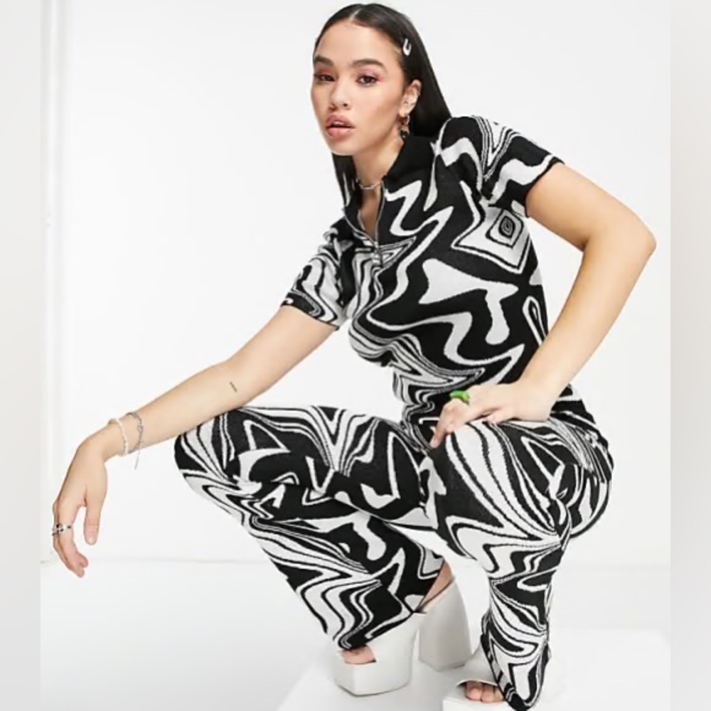 ASOS Design Knitted Pants and Sweater Set with Collar in Mono Pattern